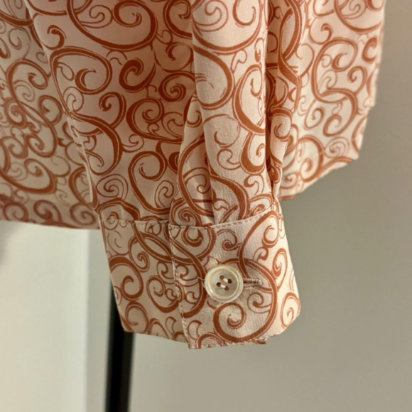 CHRISTIAN DIOR Excellent Vintage 90s Peach & Coral Swirl Print Silk Blouse 8 - Picture 5 of 8